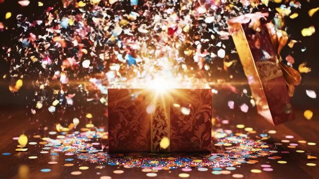 Exploding Gift Box Surprise Confetti Burst Celebration Surprise Reveal Joyful Moment Festive Event explosion