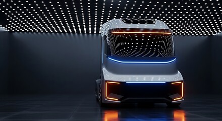 Futuristic electric truck with neon lights in dark room with dotted ceiling