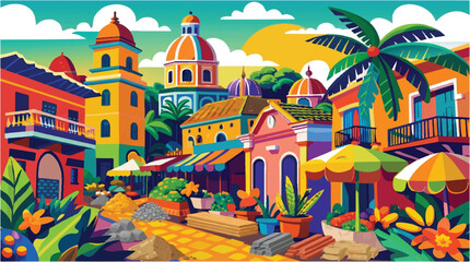 Vibrant tropical cityscape with colorful buildings and palm trees in a sunny day