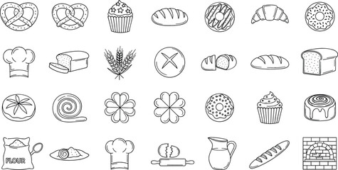 Bakery and bread line art icon set featuring pretzels, croissants, cupcakes, donuts, flour, chef hats, and various loaves for cafe menu design. © MstRozinaAkter