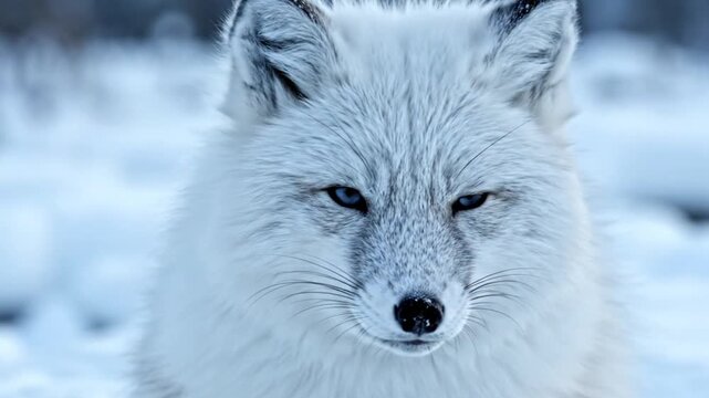 Closeup of an arctic foxs face with eyes closed set against a snowy backdrop