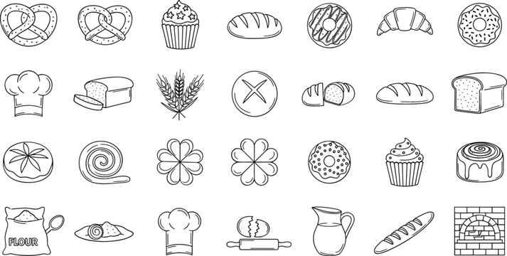 Bakery and bread line art icon set featuring pretzels, croissants, cupcakes, donuts, flour, chef hats, and various loaves for cafe menu design.