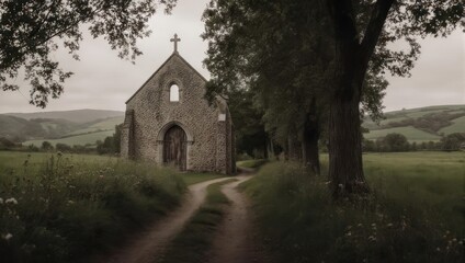 Fototapeta premium A stone chapel with a cross stands at the end of a dirt road, surrounded by nature