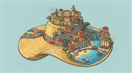 whimsical town on a hat  colorful buildings and waterway