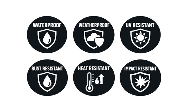 2x3 grid on white background six separate flat vector badges badge solid black circle with the text minimal good look design good for package business info about product consistent style