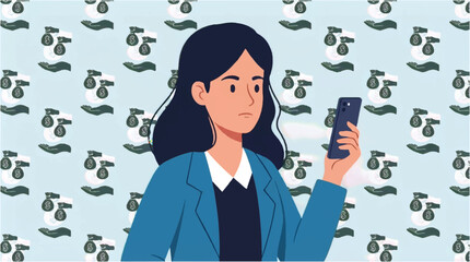 Woman in blue blazer looking at her smartphone with a concerned expression surrounded by money and hands