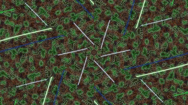 Laser beams intersect amidst green plants in a complex pattern viewed from above