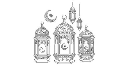 Ornate Lanterns with Crescent Moon Illustration.