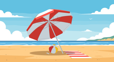 Red and White Striped Beach Umbrella.
