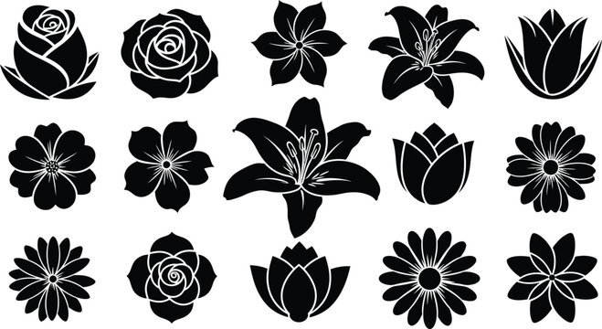 Black and white floral silhouettes on white background flowers 3