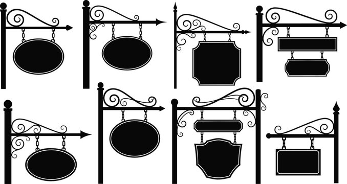 Set of black vintage wrought iron signage silhouettes hanging from ornate decorative brackets for boutique storefronts, cafes, and classic street business branding.