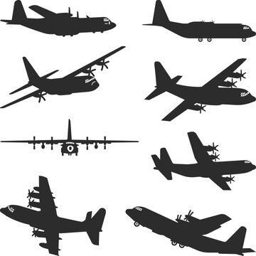 Lockheed Martin C-130 Hercules Silhouette, Military Transport Aircraft Vector SVG Collection Set