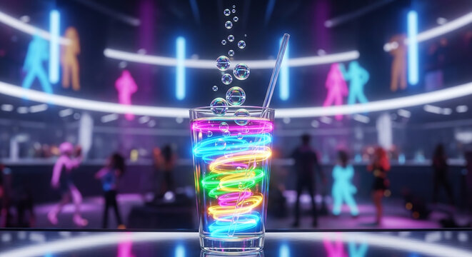 Futuristic holograph drink being poured in a vibrant nightclub with dancing silhouettes and neon lights