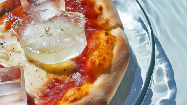 Abstract pizza with ice cubes and frozen round toppings on a blue background. Cool food concept.