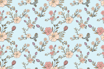 Seamless pastel floral pattern with hand drawn blooming flowers and leaves on light blue background. Delicate botanical illustration in soft pink, beige and mauve tones. Elegant vintage style repeatin © Phatcharakan