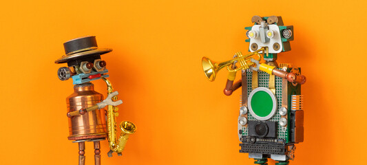 Saxophone and trumpet robot duo performing jazz on orange backdrop. Music festival invitation, concert leaflet, jazz night card © besjunior