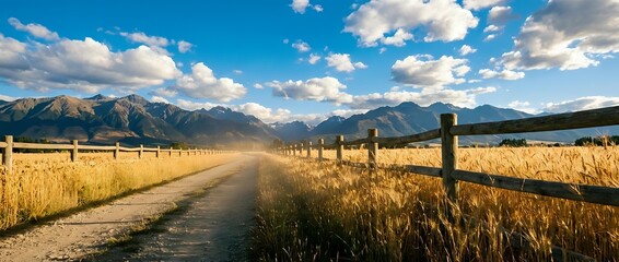 Obraz premium Rural dirt road through golden wheat field with wooden fence leading to majestic mountain range under dramatic cloudy blue sky in countryside landscape.