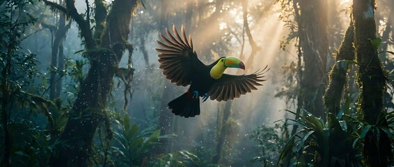 Fototapeta premium Majestic toucan soaring through misty rainforest with golden sunbeams filtering through dense tropical canopy creating dramatic atmospheric lighting effects.