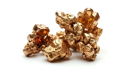 Raw copper nuggets with metallic luster isolated on white background for mining industry and precious metal investment concepts.