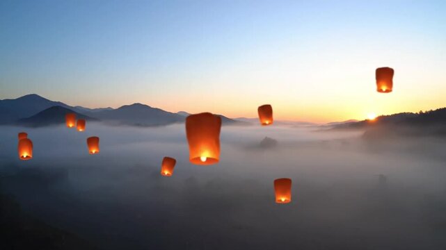 A surreal dreamscape with lanterns floating above mountains in a dreamlike foggy landscape at dusk from a high vantage point