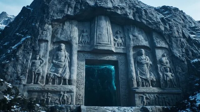 A surreal dreamscape featuring mystical statues in a fantasy landscape, dreamlike atmosphere, and magical entrance