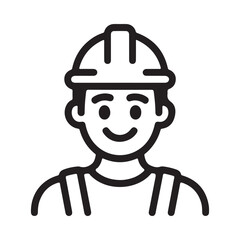 Simple black and white illustration of a smiling construction worker wearing a helmet