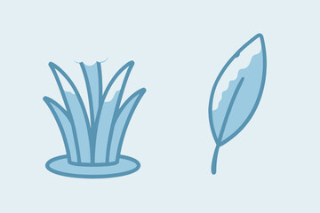 Illustration of grass and leaf with blue outlines.