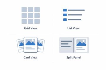 Illustrations showcasing different data visualization methods grid list card and split panel views.