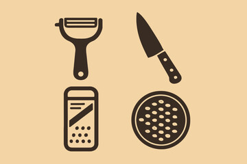 Kitchen Utensils Peeler Knife Grater and Colander Icons.