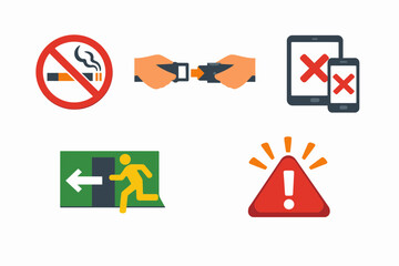 Safety and Prohibition Icons No Smoking Seatbelt No Cellphone Emergency Exit Warning.