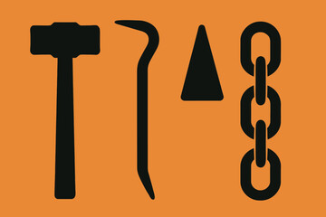 Silhouetted Tools Hammer Crowbar Chisel and Chain on Orange Background.