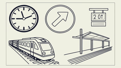 Train Station Icons Clock Arrow Platform and Train.