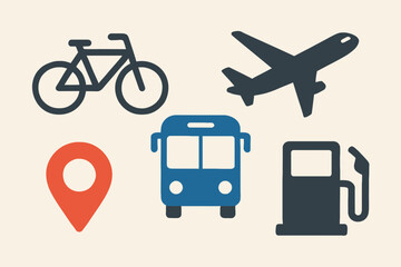 Transportation Icons Bicycle Airplane Bus Gas Station and Location Pin.