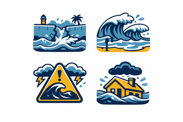 Tsunami disaster vector illustration set tsunami warning sign house in flood.