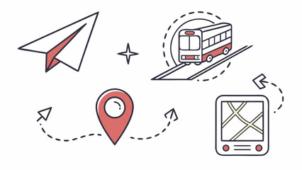 Travel and Navigation Icons Paper Plane Bus Map and Location Pin.