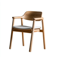 Fototapeta premium Modern wooden dining chair with curved backrest, armrest, and white cushioned seat, minimalist style, natural finish, comfortable seating