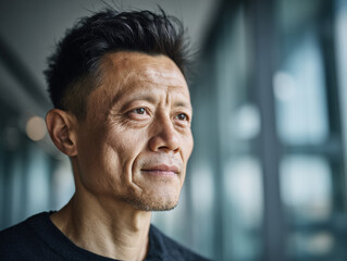 Portrait of Contemplative Middle-Aged Man Looking Out Window