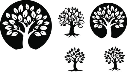 Black and White Leafy Tree Logo Set with Circular Background Variations for Modern Eco Friendly Brand Identity Design