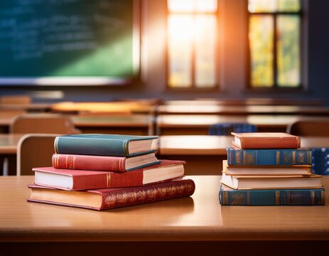 libros encima de un escritorio en un salon de clases