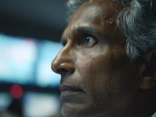 ocused man in control room, close-up of a man looking intently forward, surrounded by blurred lights and monitors, suggesting he is in a serious or high-stakes environment