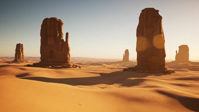 Ethereal desert landscape with surreal rock formations at sunset, a dreamlike scene of fantasy and magical rock structures