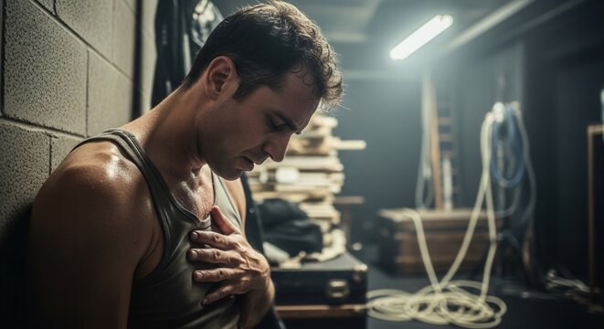Young man suffering from sudden chest pain and heart attack symptoms in dark industrial setting. Concept of health crisis, cardiovascular disease, stress, emergency and medical prevention.