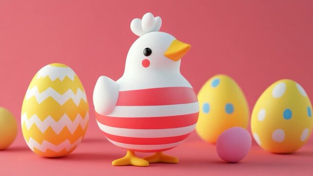 A whimsical, cartoon-style Easter scene featuring a striped chicken and decorated eggs