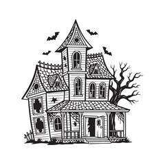 Naklejka premium Creepy Haunted Victorian House with Bats and Bare Tree, Spooky Halloween Scene