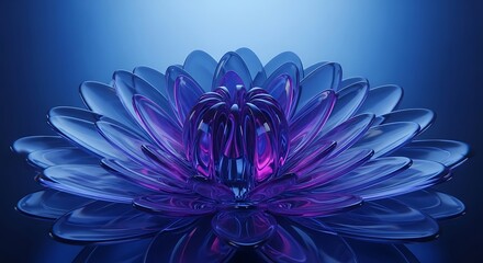 Obraz premium Glass flower sculpture with purple and blue petals on dark background with spotlight