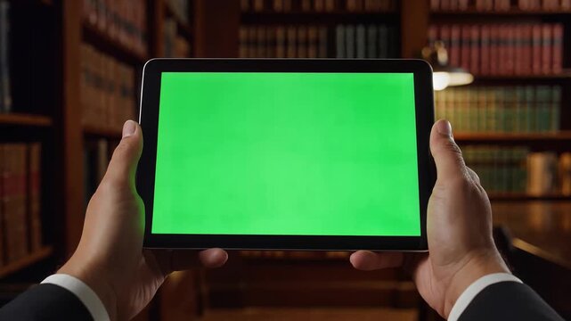 Tablet with green screen held by hands in library for digital research mockup