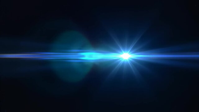 Blue anamorphic lens flare horizontal light streak on black background for cinematic overlay