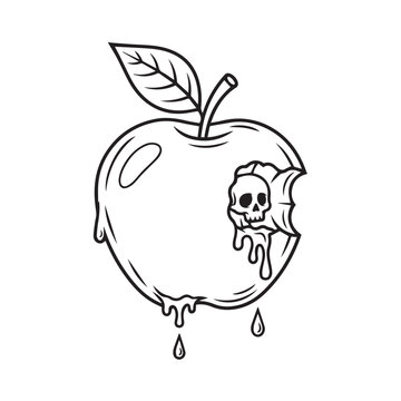 Intriguing illustration of a bitten apple with a skull emerging from the bite, symbolizing temptation, danger, or a poisoned treat.