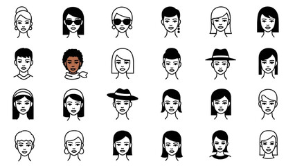 Fototapeta premium Vector Icon Sheet Featuring Diverse Women Faces and Hats from Various Angles