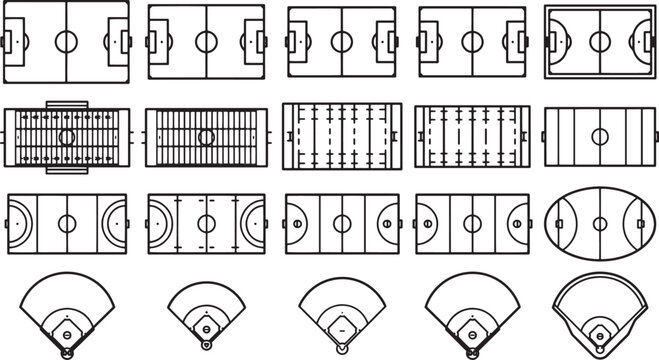 A diverse array of illustrated sports field layouts, showcasing the intricate details and design of various athletic arenas. 